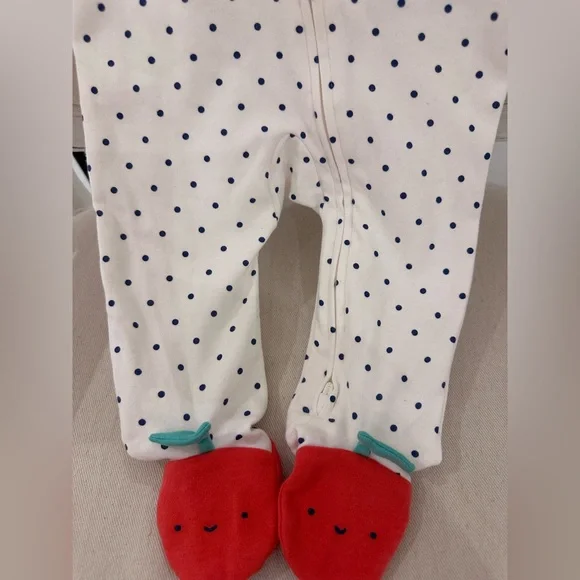 🍒 9 Mth Carter's White with Black Polka Dots and Red Cherry Accent Cotton Footie - Picture 6 of 8